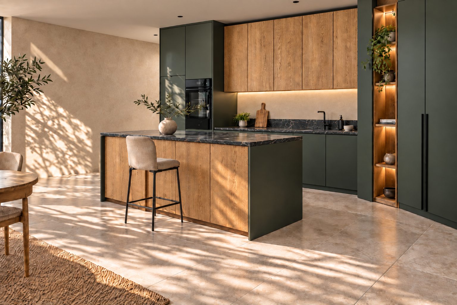 Cozinha editorial em madeira e verde